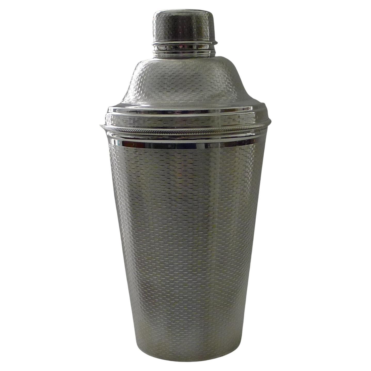 Large 2 1/4 Pint English Art Deco Silver Plated Cocktail Shaker, Engine Turned For Sale