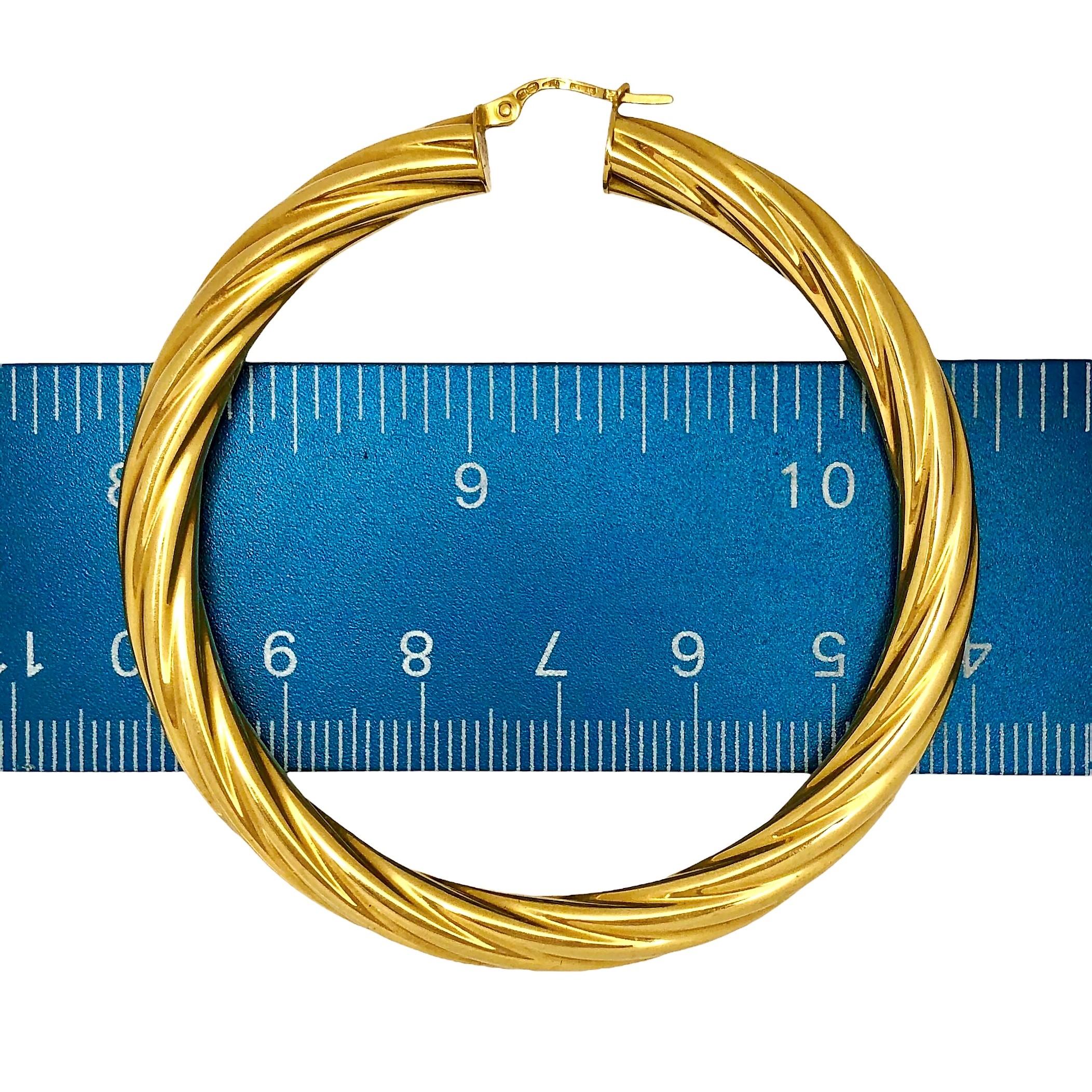 Modern Large 18K Yellow Gold Unoerre Twisted Tubular Hoop Earrings For Sale