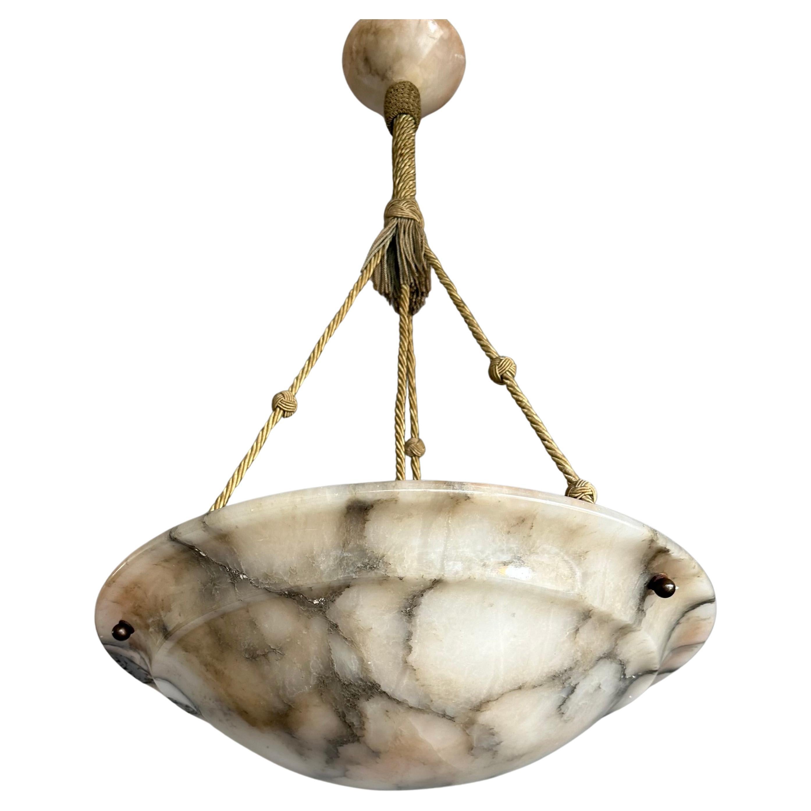 Large D2Ø" Antique White & Black Alabaster Pendant Light with Perfect Rope Chain For Sale
