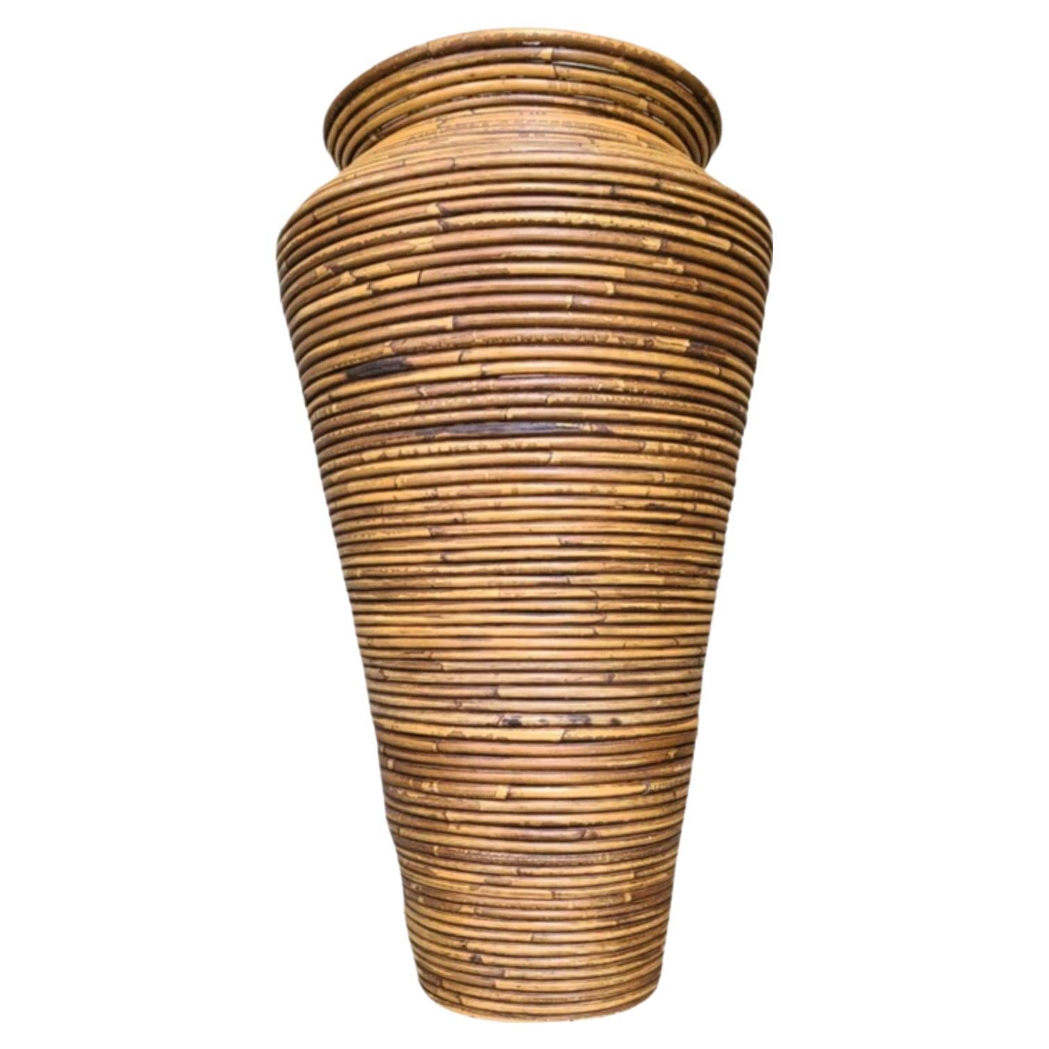Large 2' Gabriella Crespi Styled Stacked Pencil Reed Rattan Floor Vase