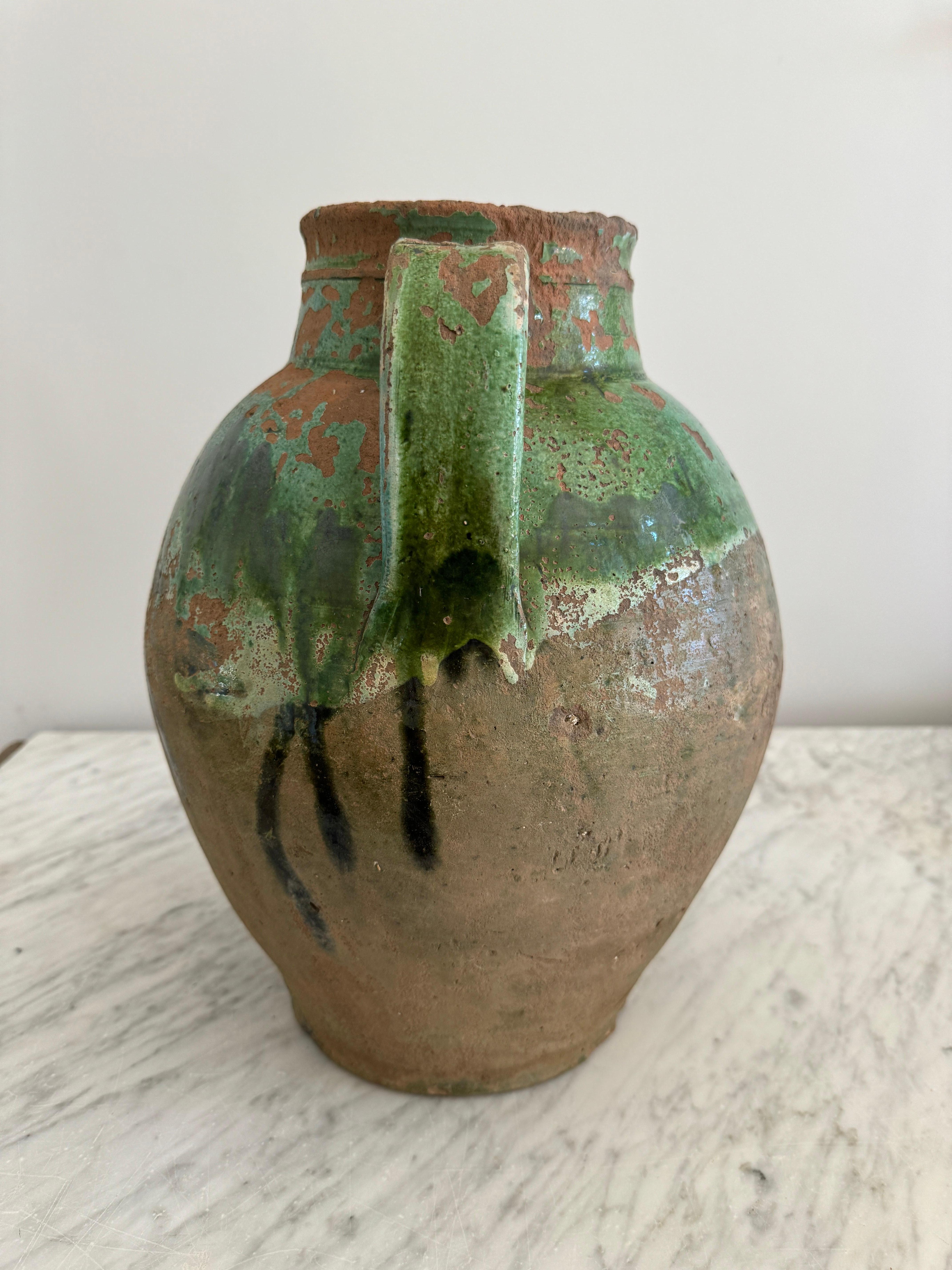 Italiano Vaso grande a 2 manici con smaltatura verde in vendita