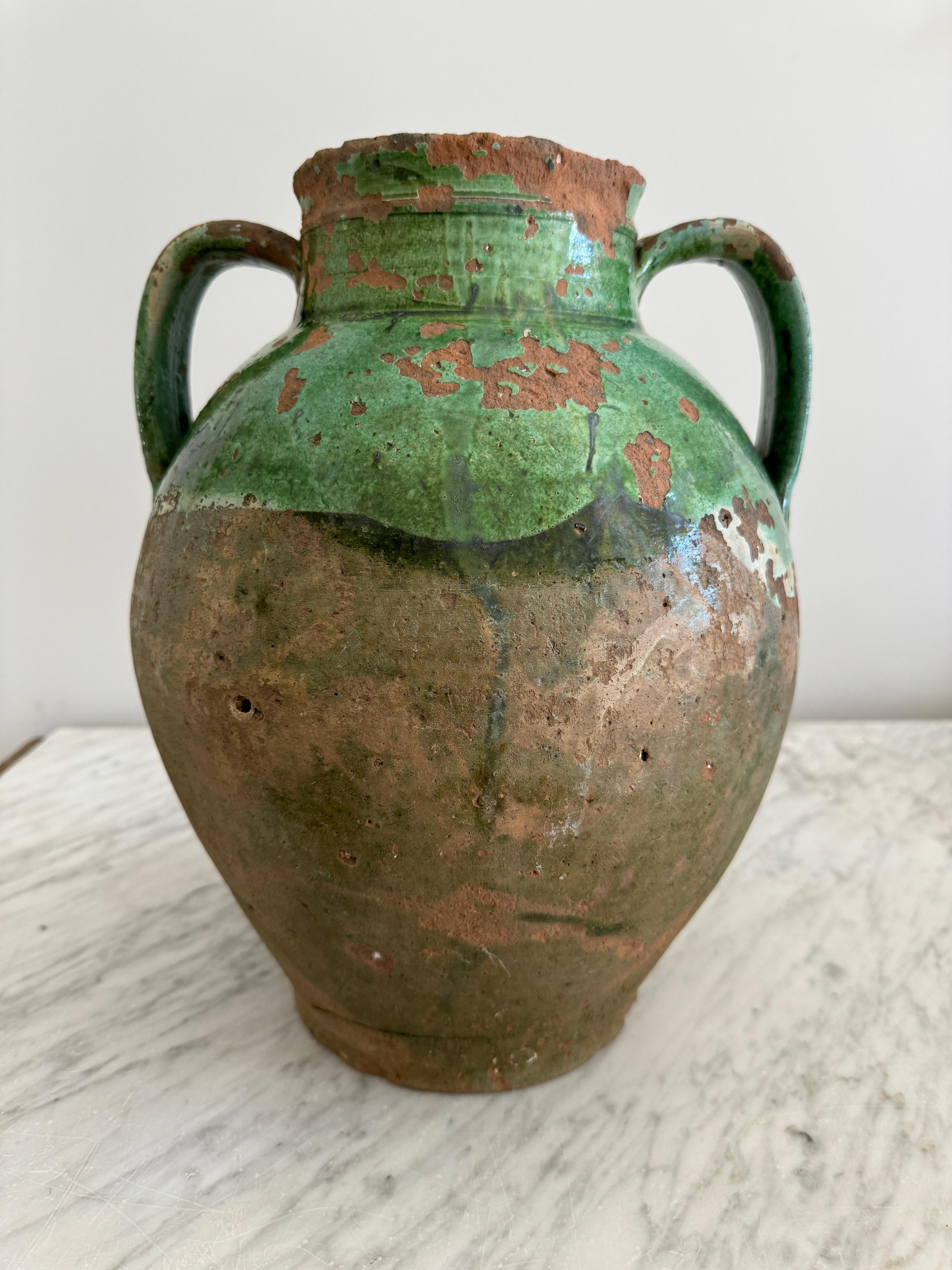 Ceramica Vaso grande a 2 manici con smaltatura verde in vendita