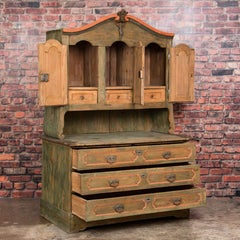 Large 2-Piece Antique Green Painted Pine Cabinet Cupboard