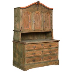 Large 2-Piece Antique Green Painted Pine Cabinet Cupboard