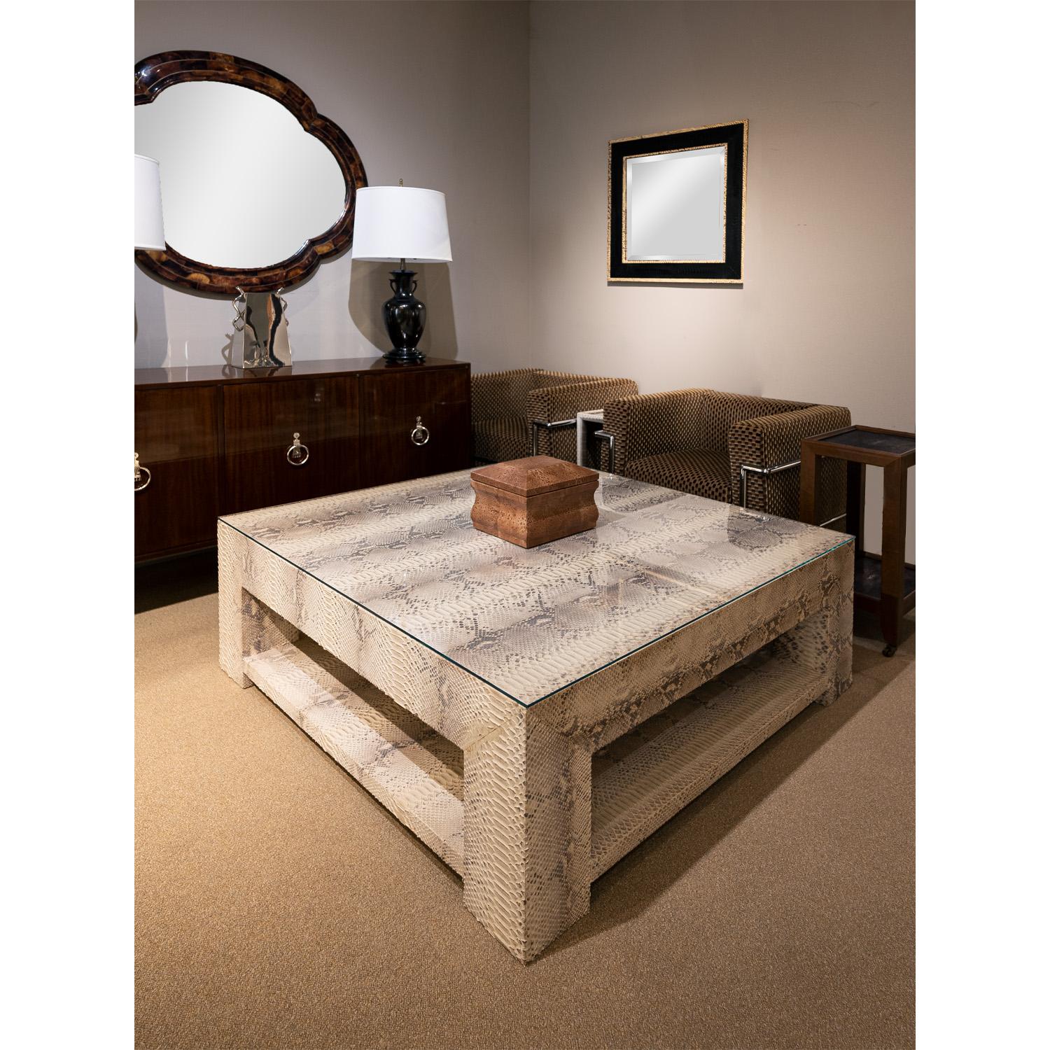Large 2-tier coffee table in beige python with glass top, custom design, ca 2012 In Excellent Condition For Sale In New York, NY
