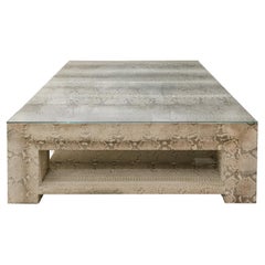 Large 2-tier coffee table in beige python with glass top, custom design, ca 2012