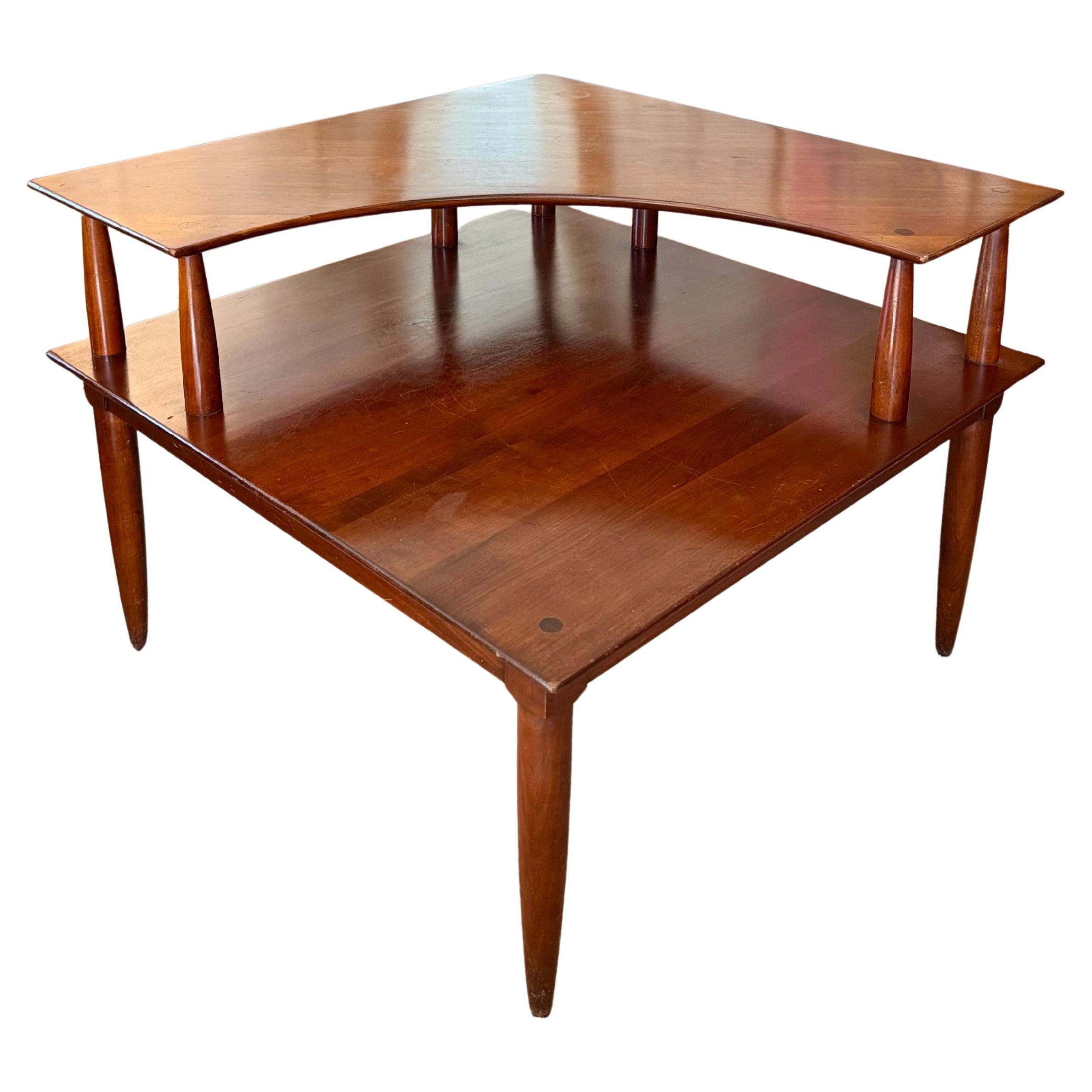 Large 2 tier corner table in a warm cherry finish, blending form and function