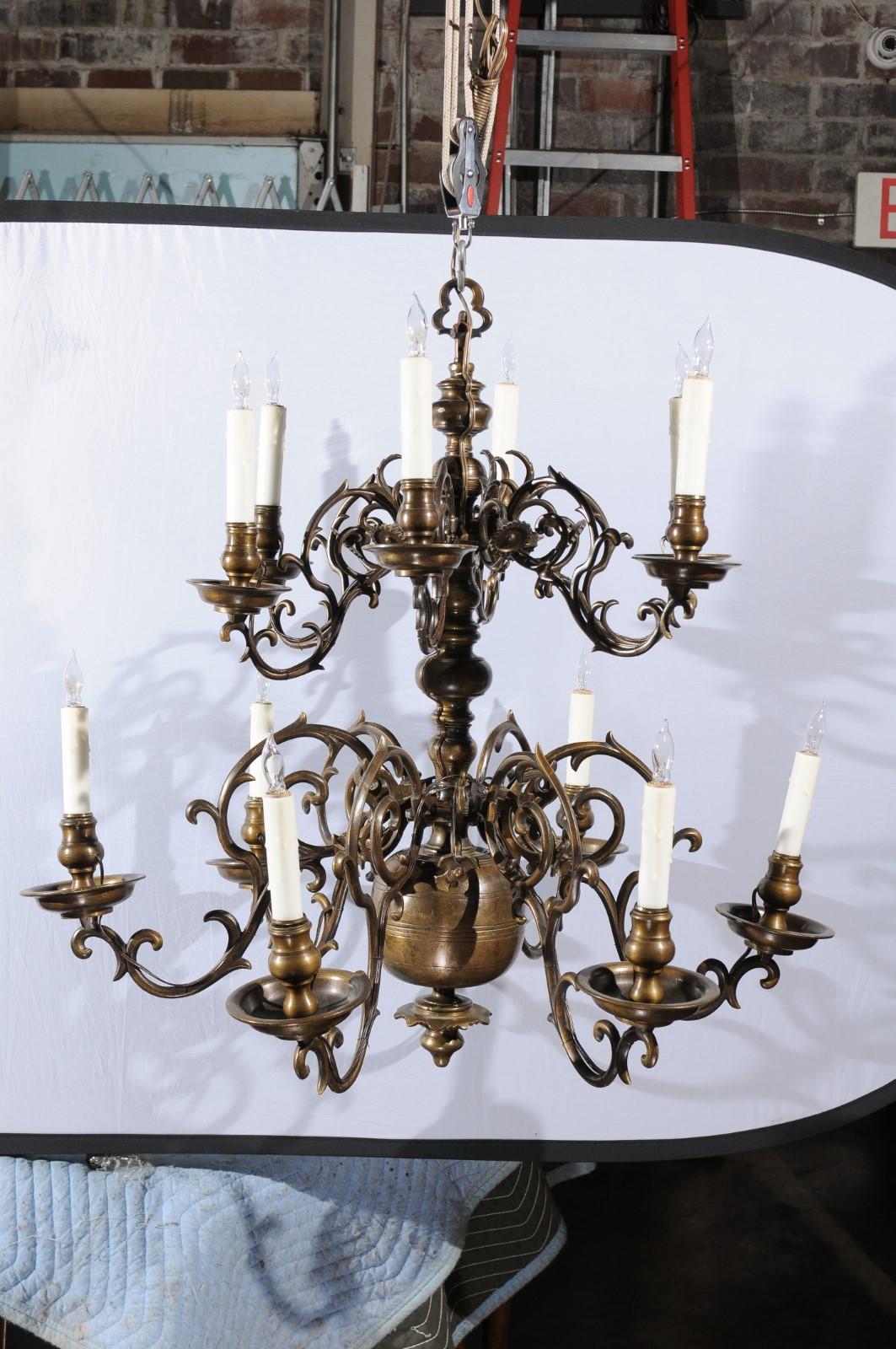 Large 2-Tier Dutch Brass Chandelier with 12 Lights, 18th Century For Sale 9