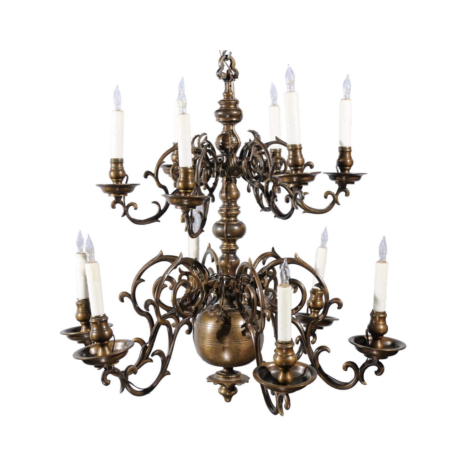 Large 2-Tier Dutch Brass Chandelier with 12 Lights, 18th Century For Sale