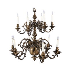 Large 2-Tier Dutch Brass Chandelier with 12 Lights, 18th Century