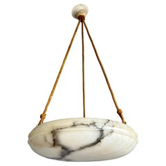 Large Ø 20" Antique Art Deco Disc Shape White & Black Alabaster Pendant Light