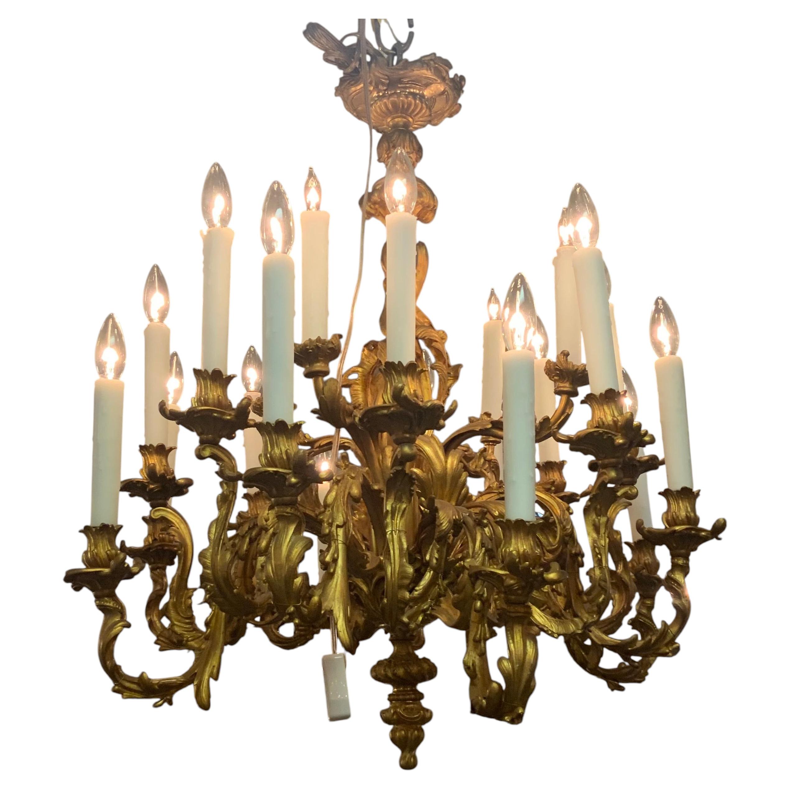 Large 20 light bronze dore chandelier in Rococo design For Sale