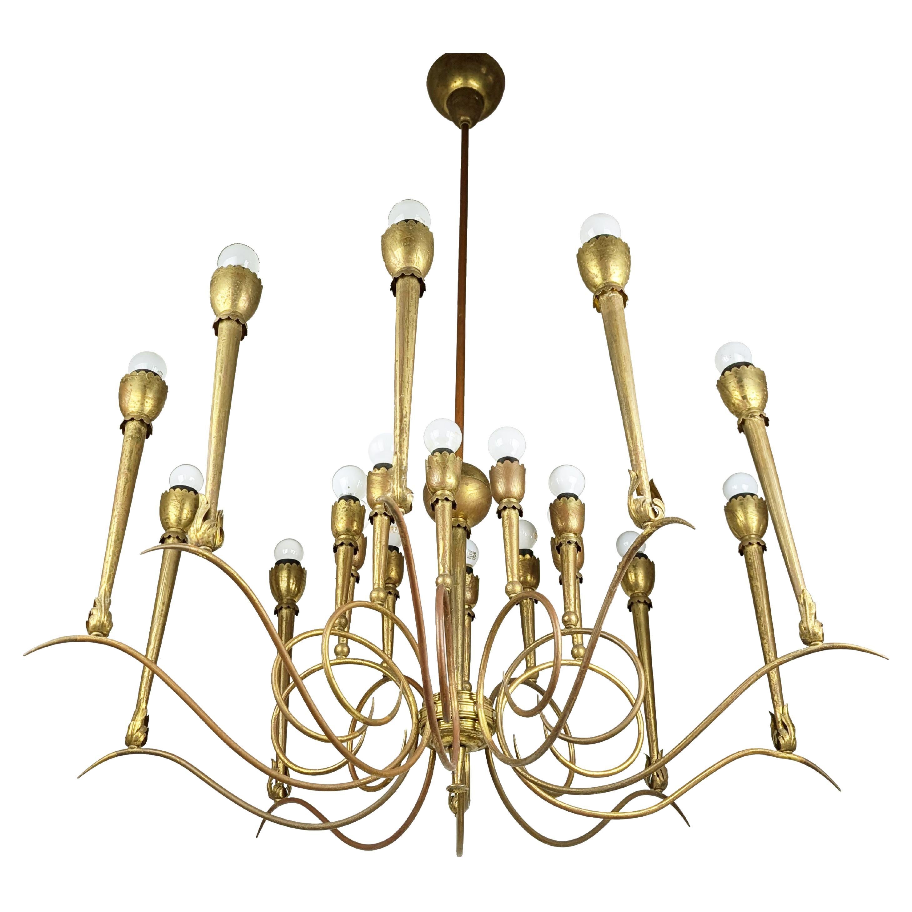 Grande lampadario italiano a 20 luci in ottone degli anni '40