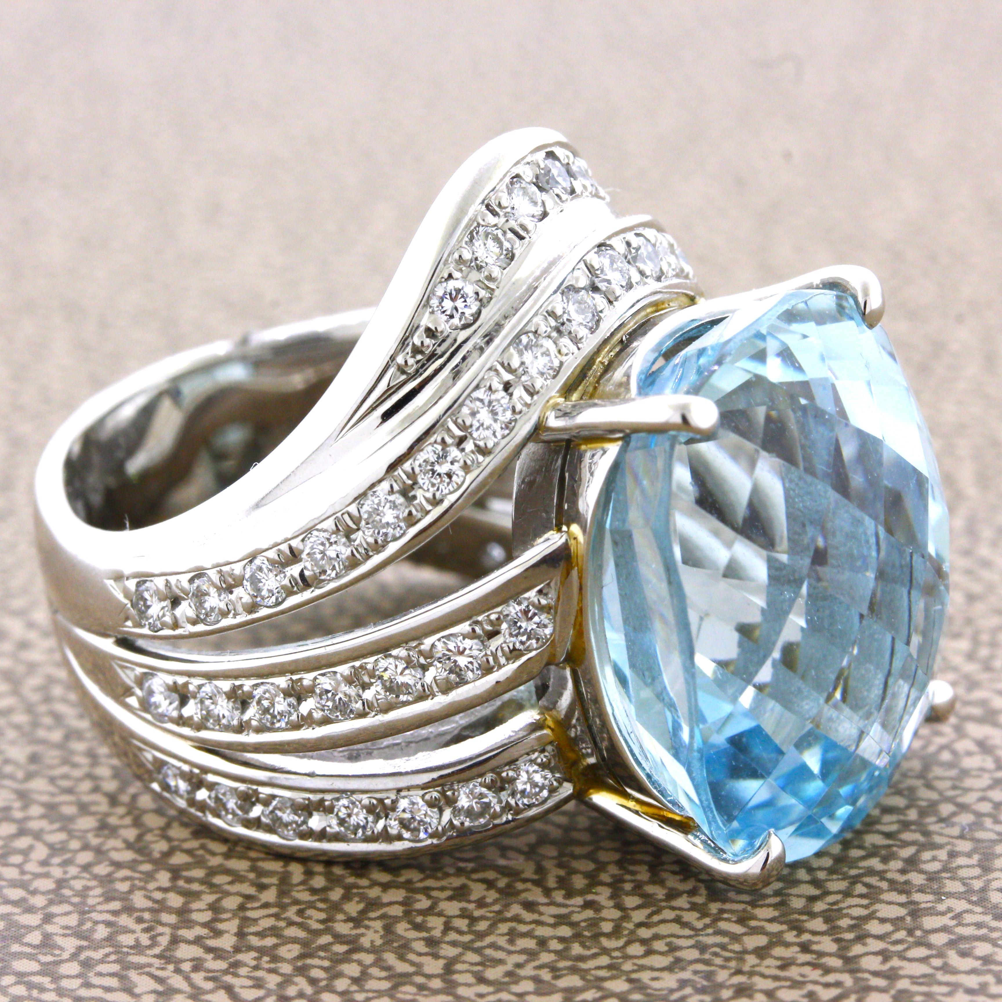 Large 20.10 Carat Aquamarine Diamond Platinum Cocktail Ring In New Condition For Sale In Beverly Hills, CA