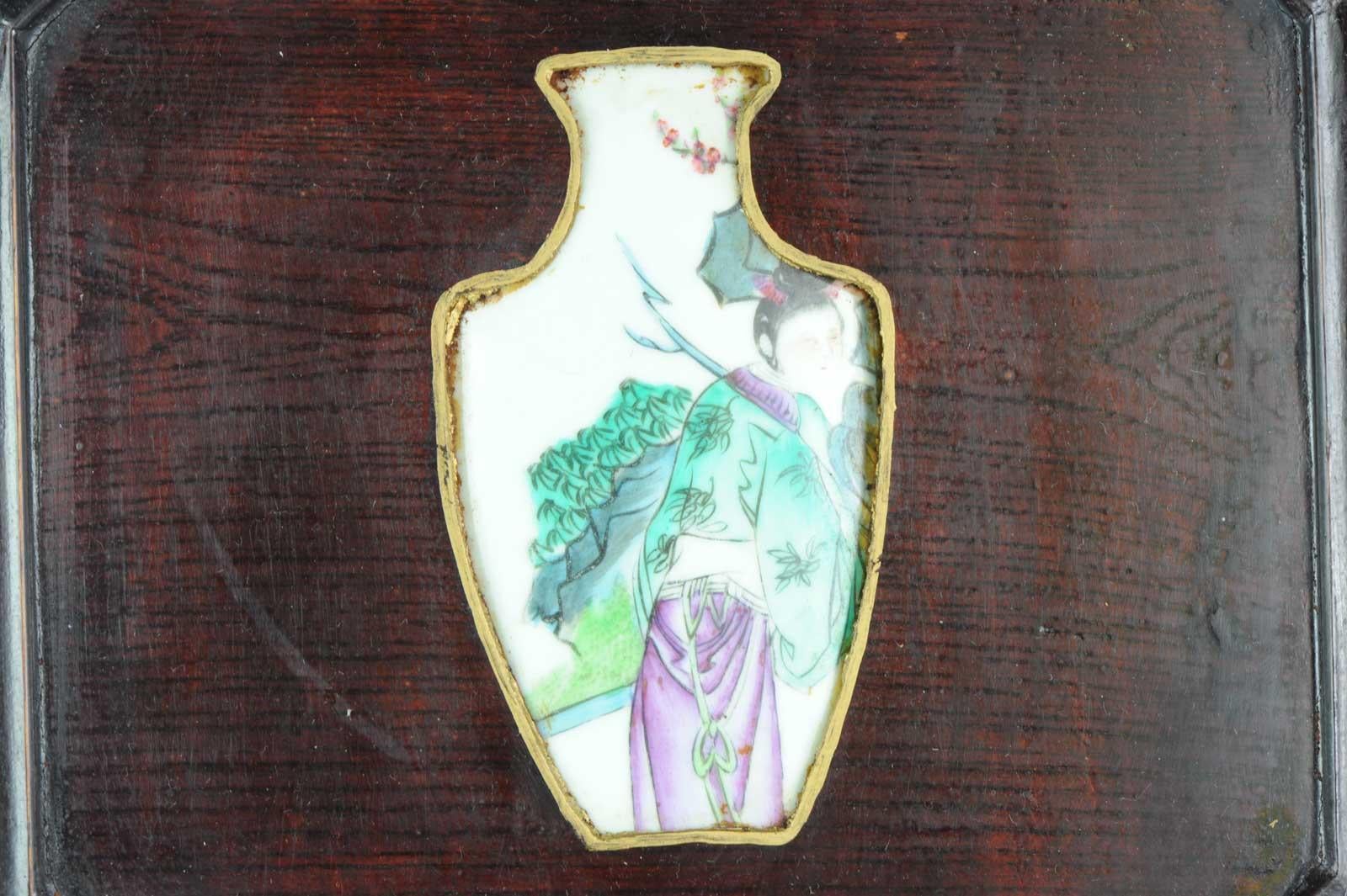 Large 20th Century Chinese Porcelain Plaque Crane Figure Carved Wooden Frame 7