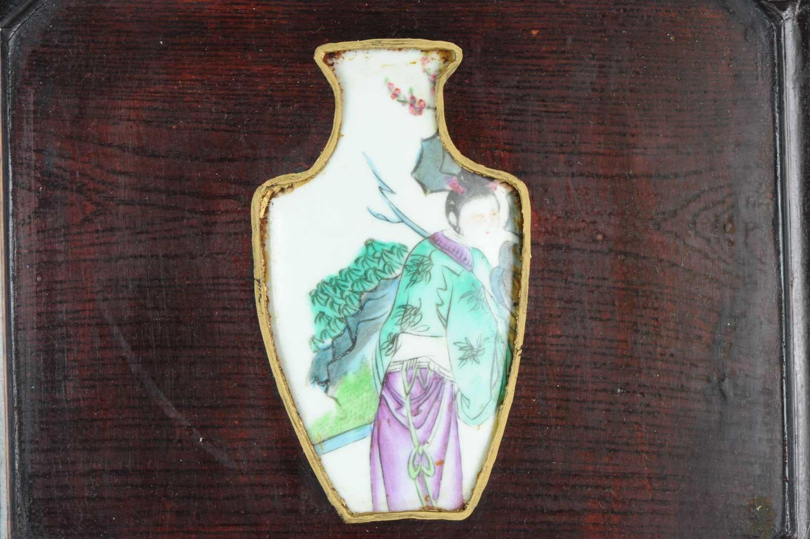 Large 20th Century Chinese Porcelain Plaque Crane Figure Carved Wooden Frame 4