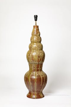 Large 20th art deco brown ceramic floor or table lampe Saint Amand 70 cm