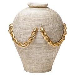 Large 20th art deco white an gold ceramic vase circa 1950 att. To Lancel 34 cm