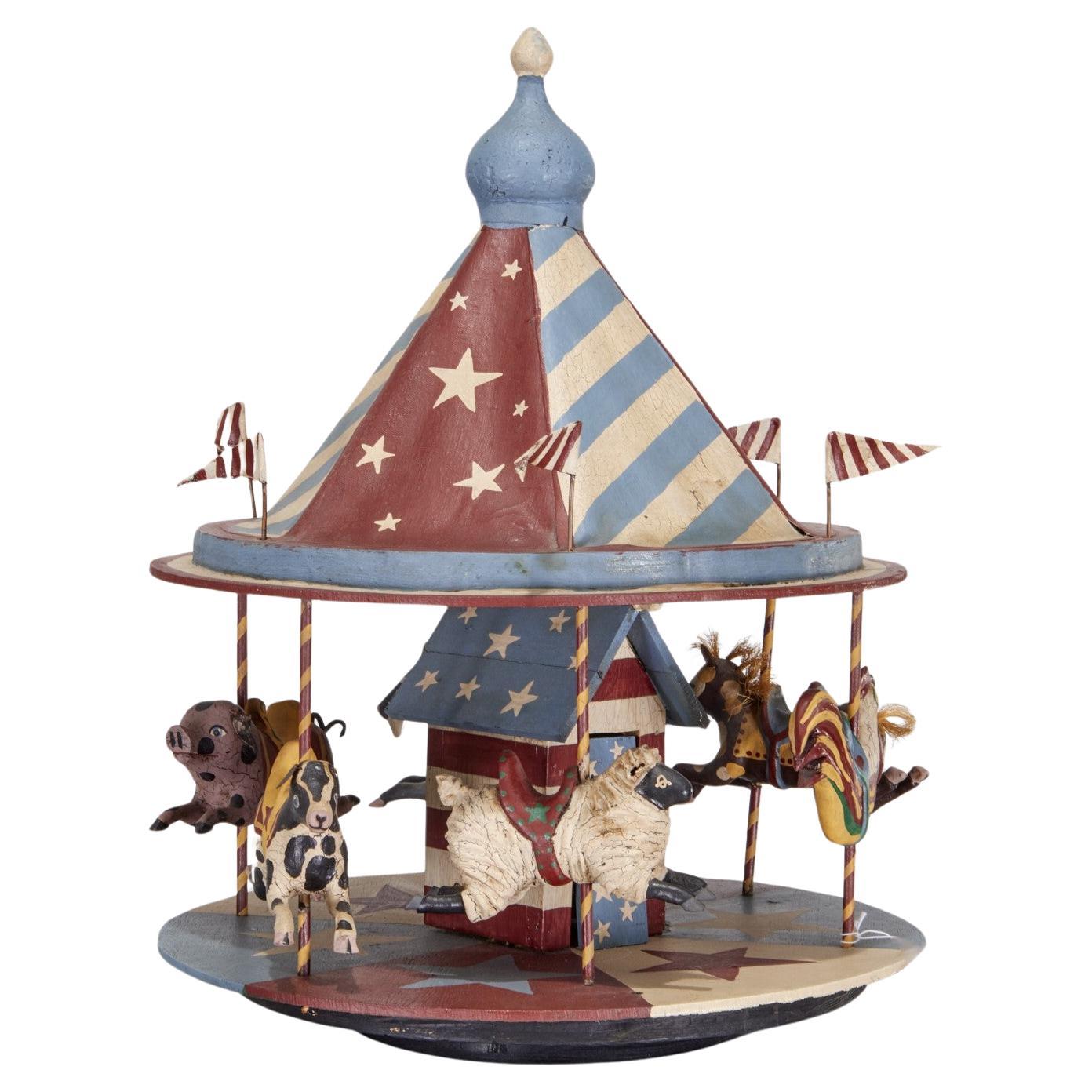 Grand manège d'art populaire américain du 20e siècle avec animaux de ferme peints