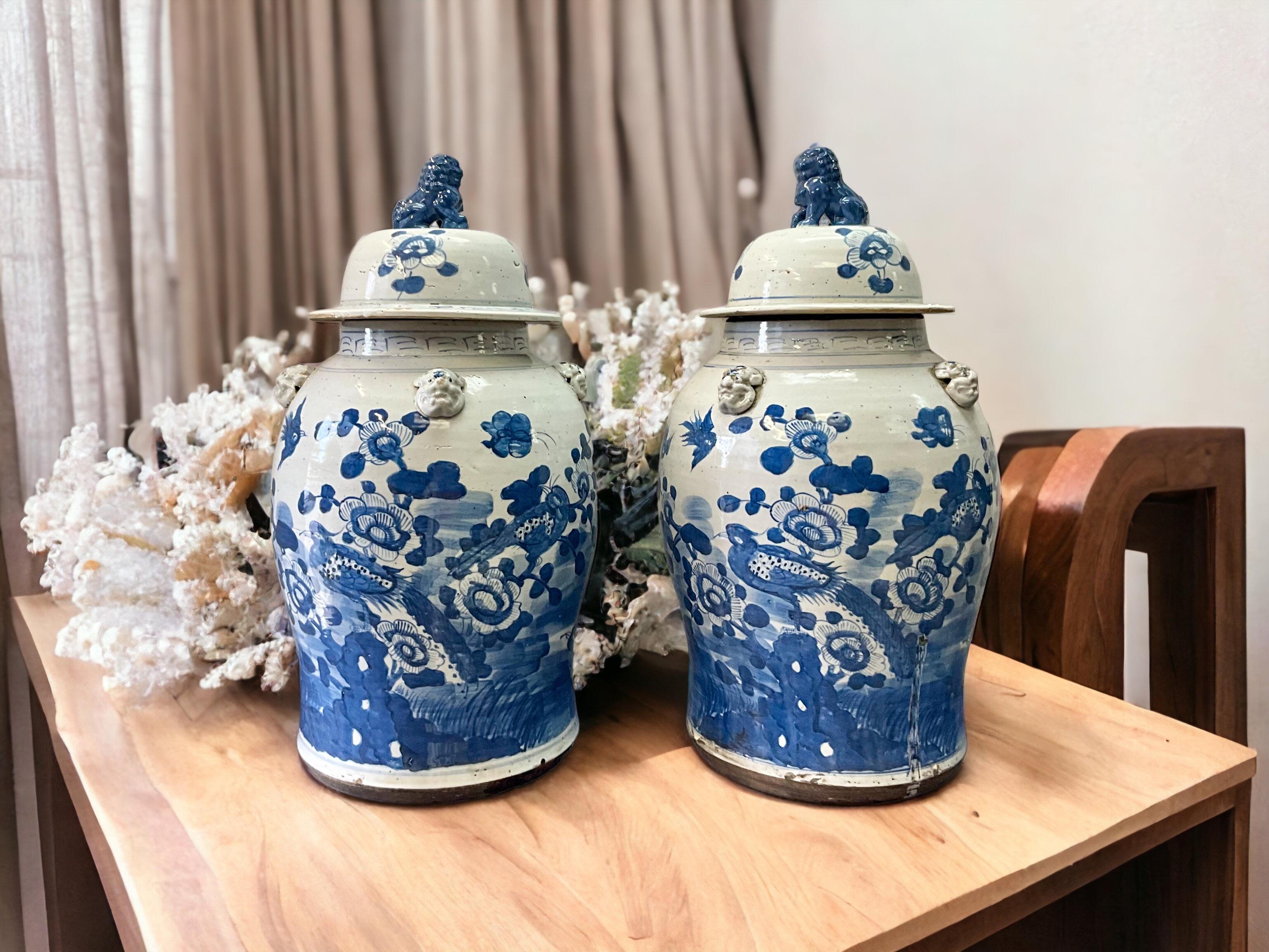 Large 20th-C. Chinese Export Style Blue & White Ginger Jars W/ Foo Dogs - Pair 6