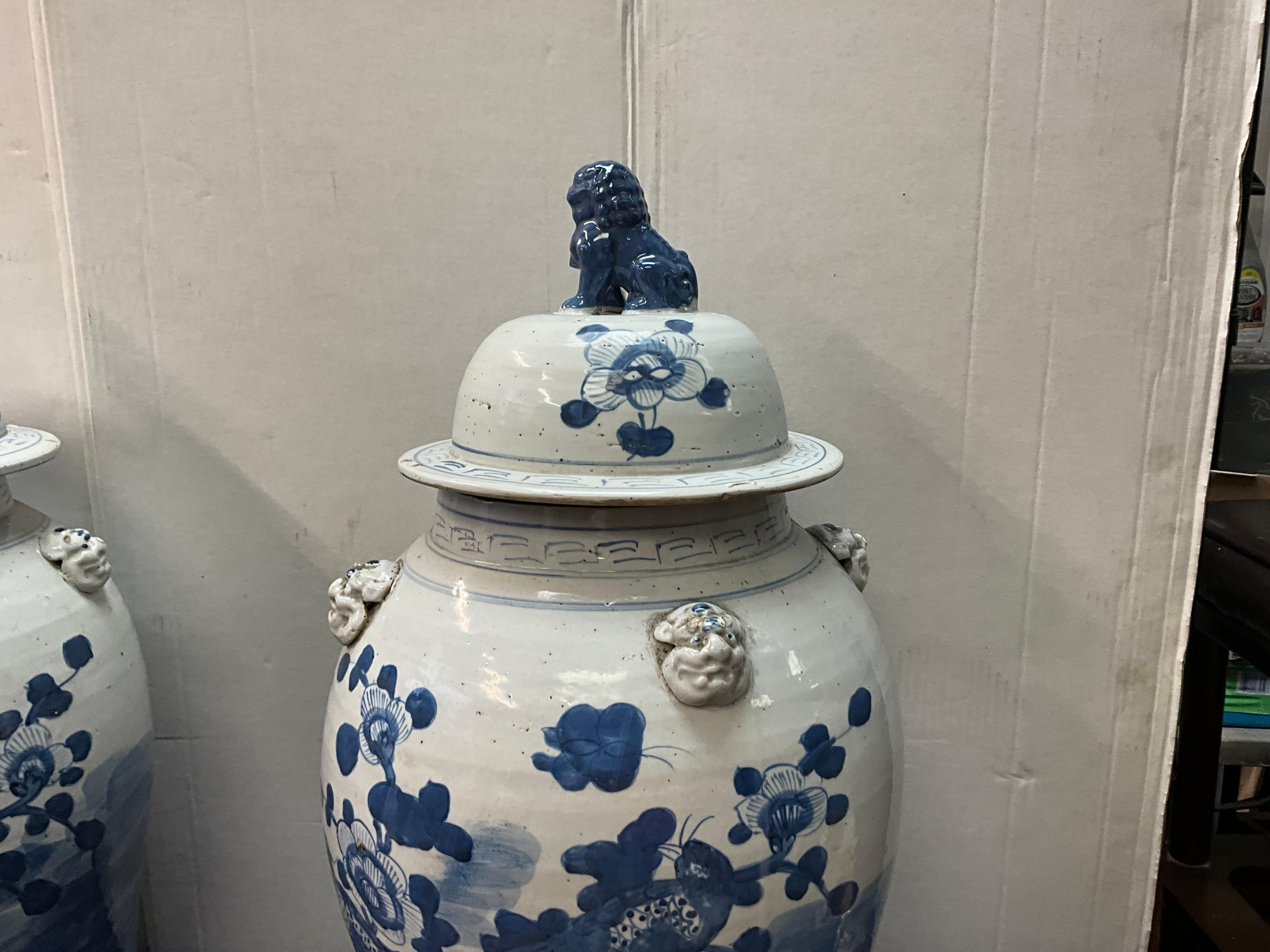 Pottery Large 20th-C. Chinese Export Style Blue & White Ginger Jars W/ Foo Dogs - Pair