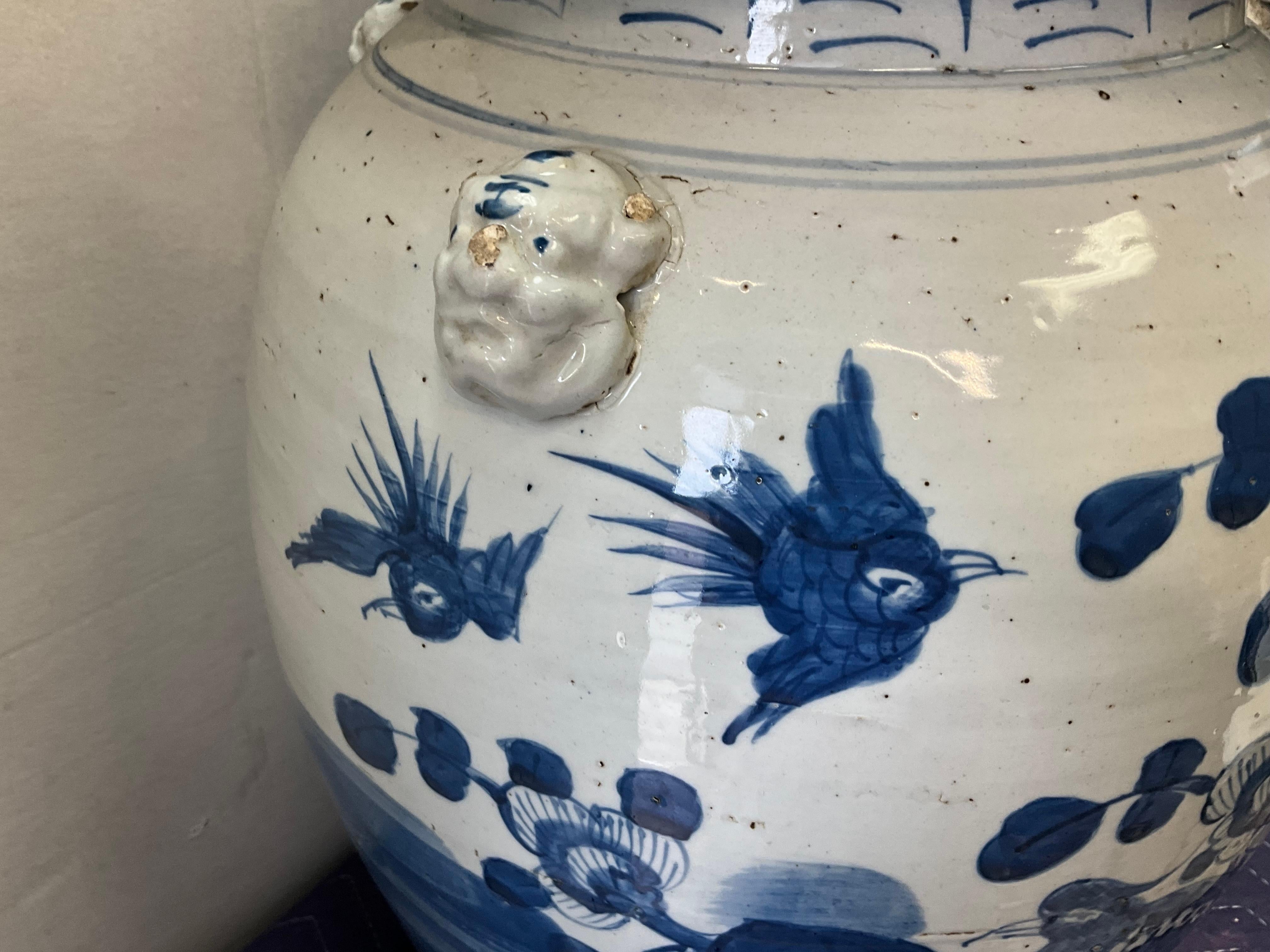 Large 20th-C. Chinese Export Style Blue & White Ginger Jars W/ Foo Dogs - Pair 3