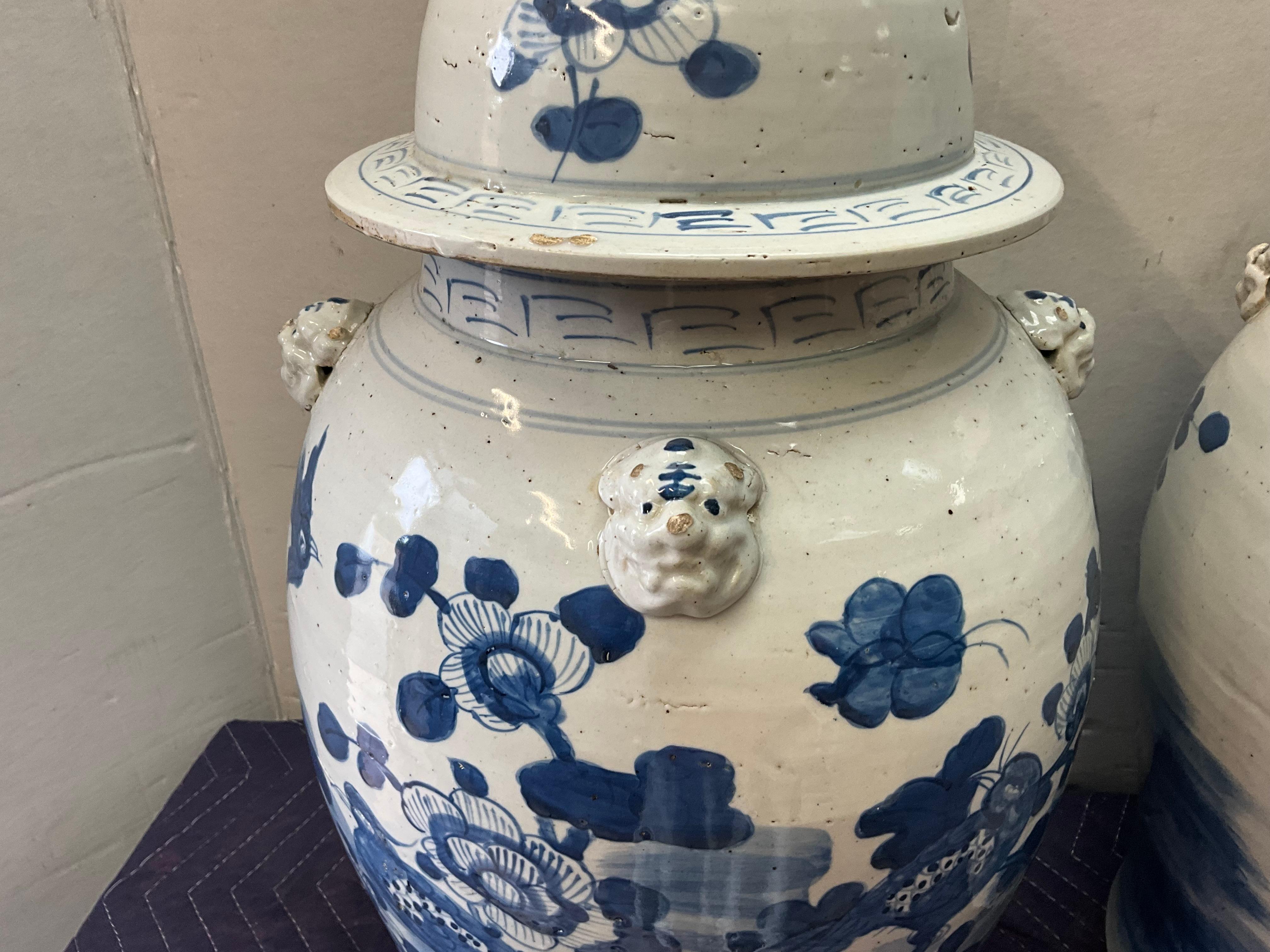 Large 20th-C. Chinese Export Style Blue & White Ginger Jars W/ Foo Dogs - Pair 4