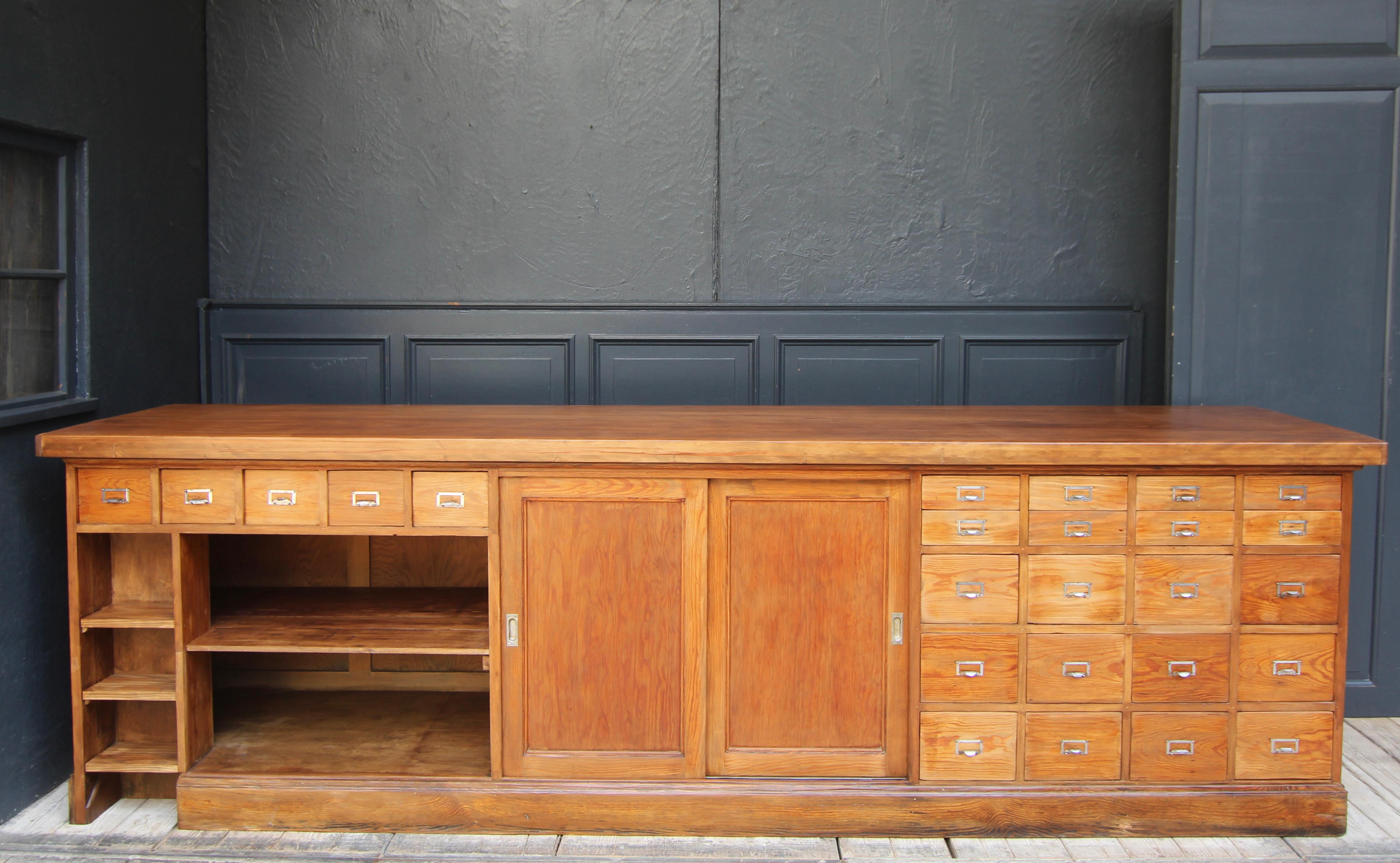 Industrial Large 20th Century Apothecary Shop Counter with Drawers