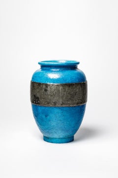 Large 20th century art deco blue ceramic and metal vase by Lachenal 28 cm 1930