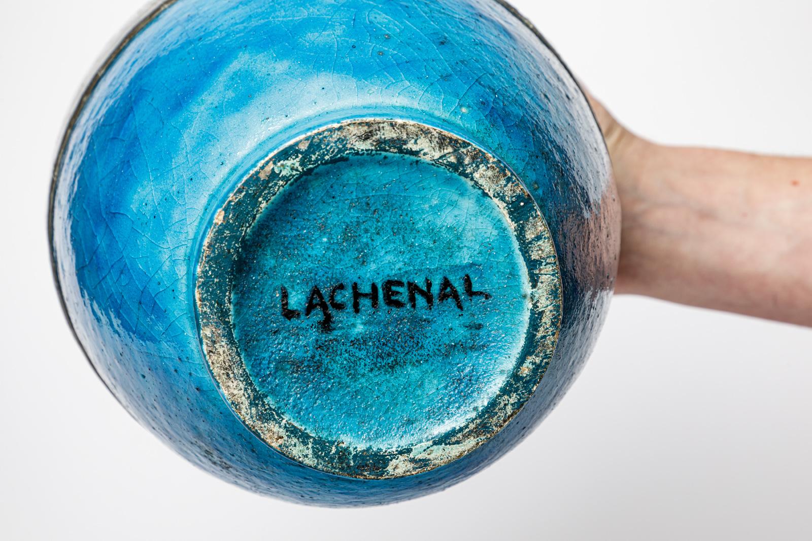 Große blaue Art-Déco-Vase aus Keramik und Metall von Lachenal aus dem 20. Jahrhundert, 28 cm 1930 im Angebot 2