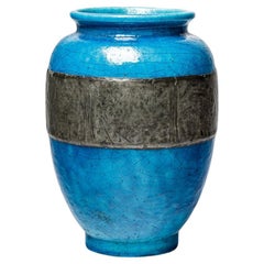 Grand vase art déco du 20ème siècle en céramique bleue et métal de Lachenal 28 cm 1930