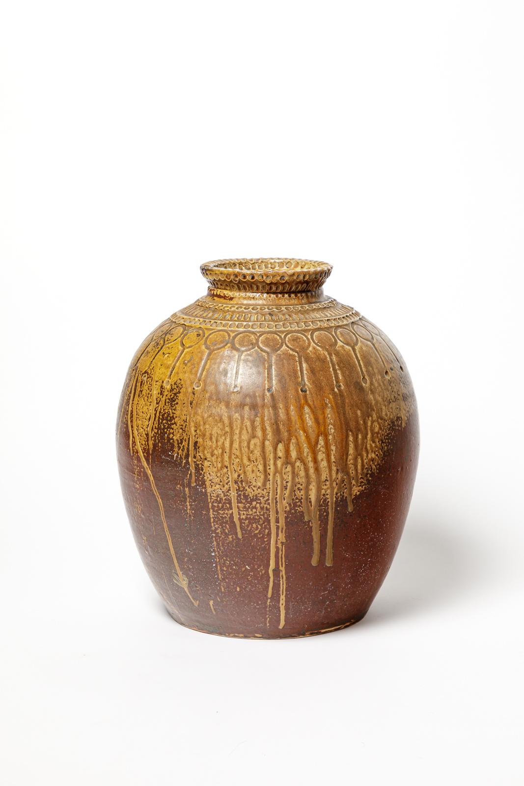 Mid-Century moderno Grande vaso in ceramica marrone art déco del XX secolo di Joseph Talbot La Borne 1940 in vendita