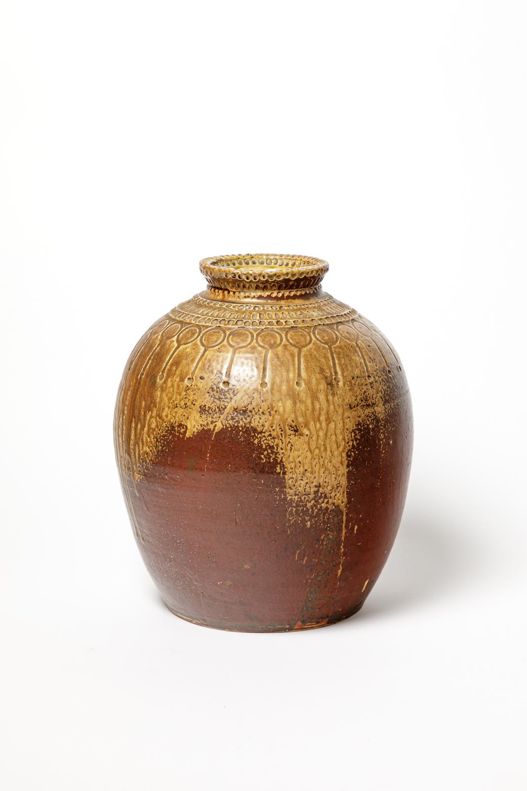 Francese Grande vaso in ceramica marrone art déco del XX secolo di Joseph Talbot La Borne 1940 in vendita