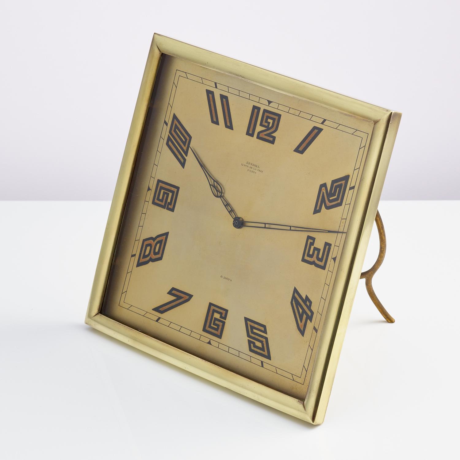 Large Art Deco desk clock made by Kendall of 17 Rue de la Paix, Paris, circa 1930

This clock is a good size and is in good working order, the base metal is brass and it stands on a easel back.
 
 
