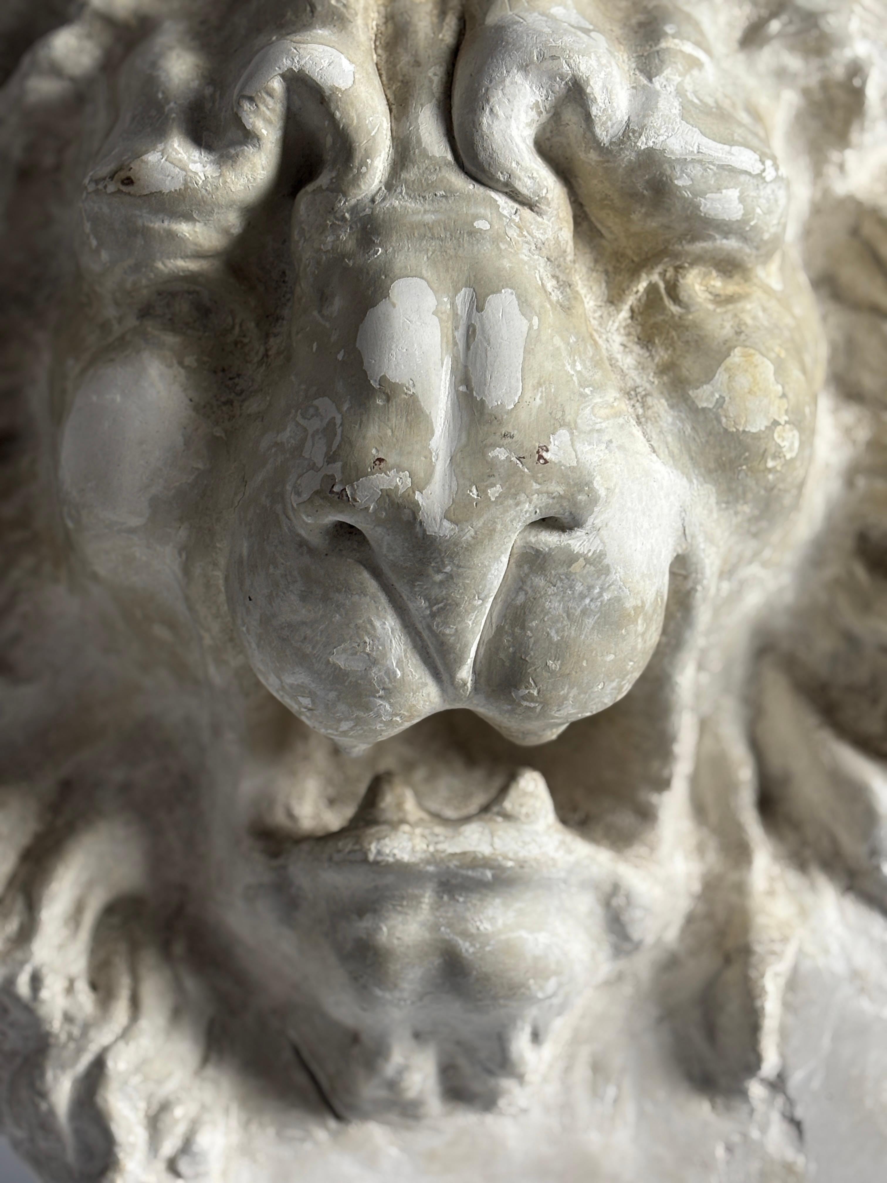 Temible máscara de león de escayola académica del siglo XX, de gran tamaño, en bajorrelieve. 

Buena meteorización y pátina.
Lazo para colgar en la parte trasera. 
Bélgica, hacia 1960.