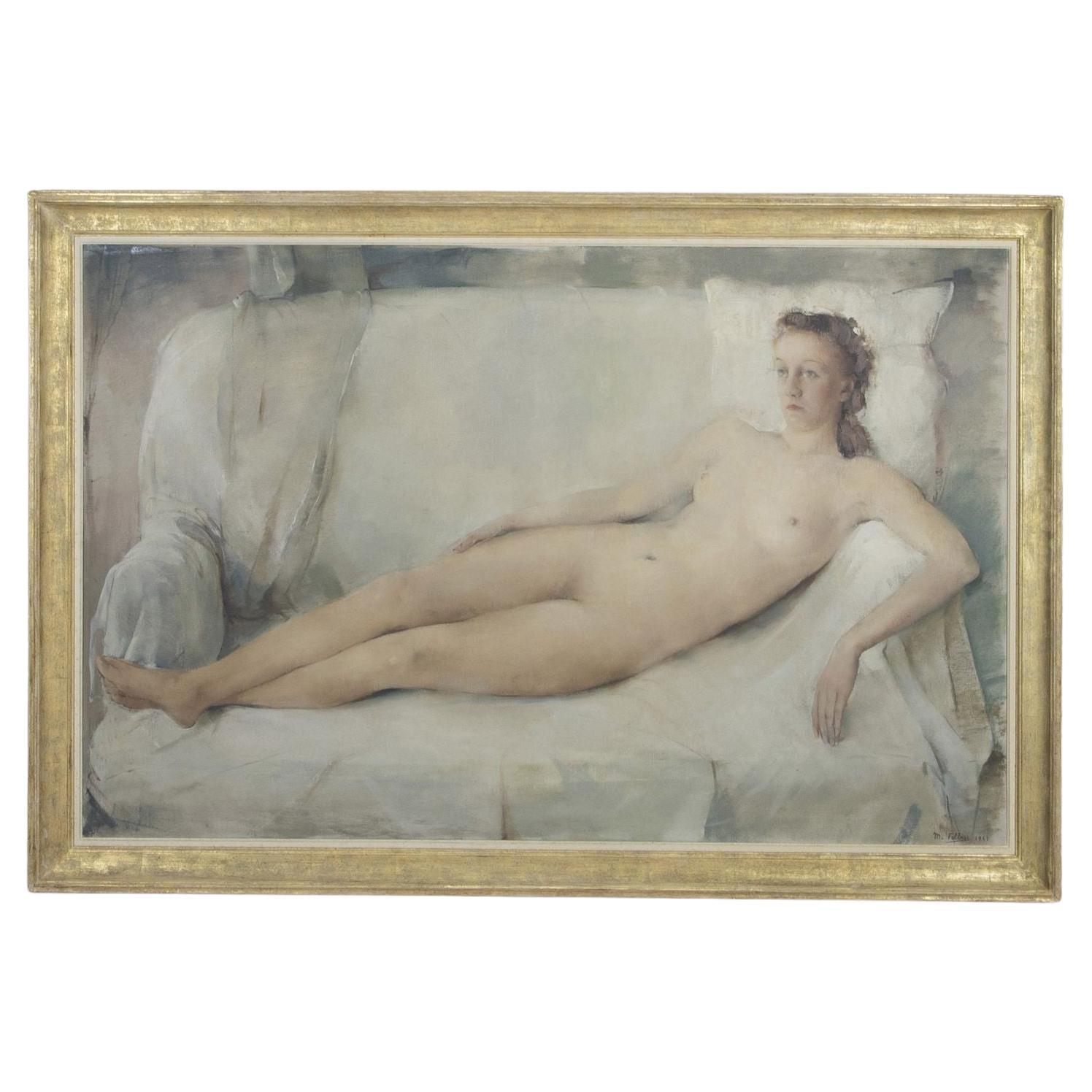 Large 20th Century Belgian Oil on Canvas Nude Painting