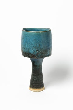 Grand vase ou coupe en céramique bleue du 20e siècle signé par un artiste anglais ou danois
