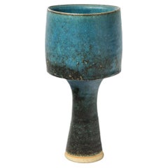 Grand vase ou coupe en céramique bleue du 20e siècle signé par un artiste anglais ou danois