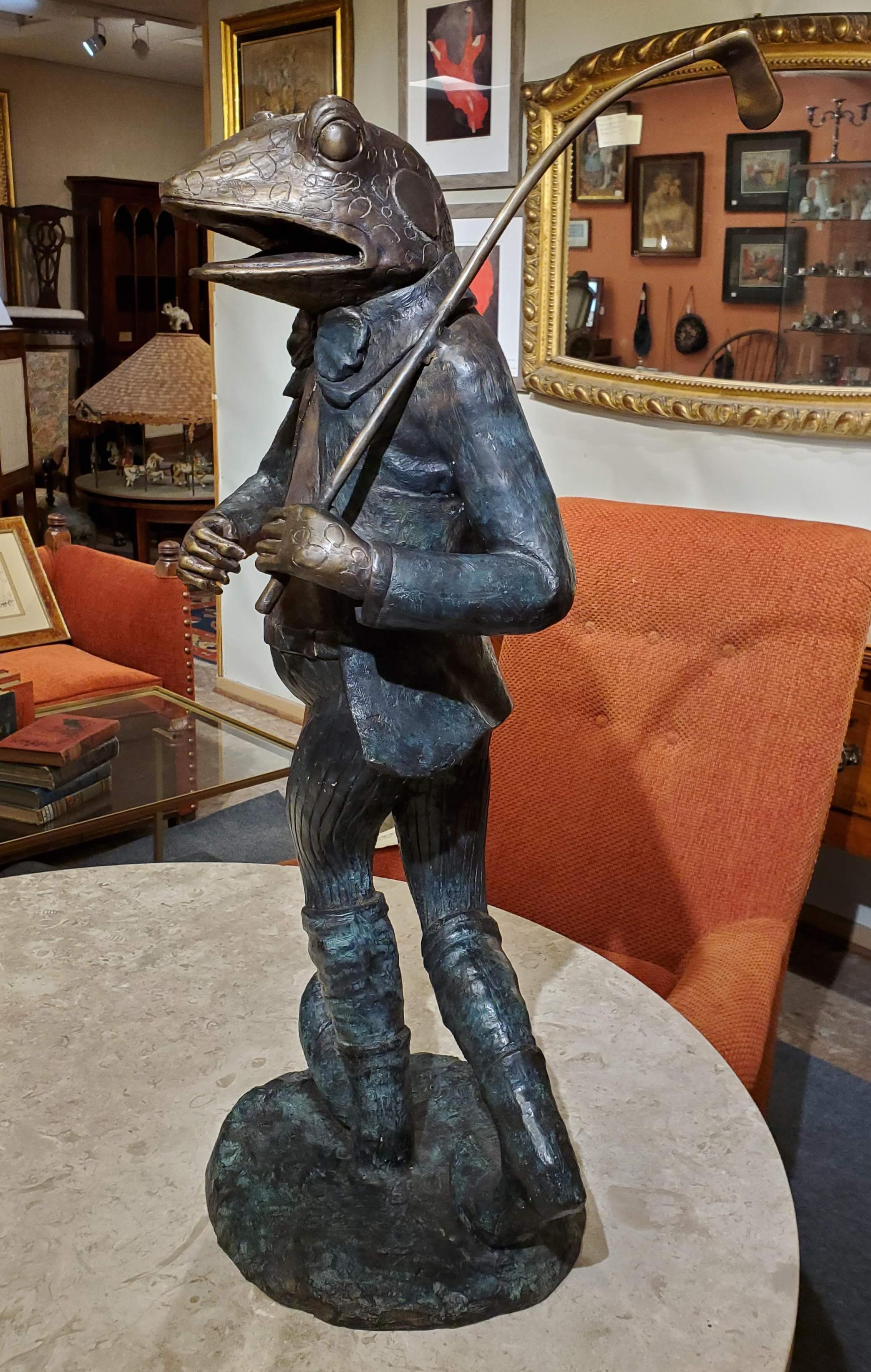Large 20th century bronze sculpture of frog dressed in 19th century Golf outfit 
Add a bit of whimsy to your home with this good sir. The large bronze sculpture is wonderfully detailed and will make you smile daily. Perfect any lover of amphibians