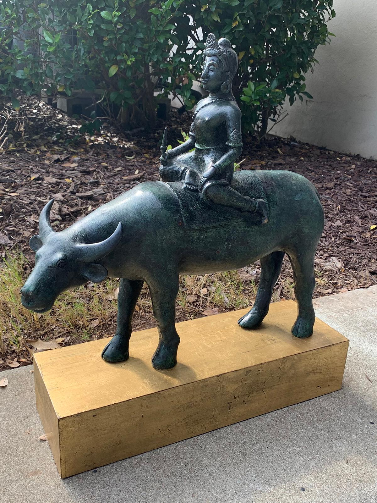 Large 20th Century Stone Water Buffalo with Rider on Custom Gilded Stand For Sale 1