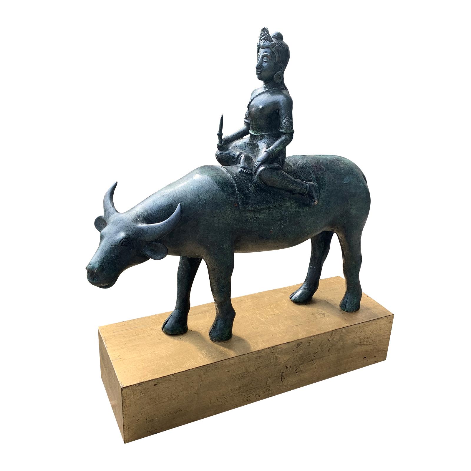 Large 20th Century Stone Water Buffalo with Rider on Custom Gilded Stand For Sale