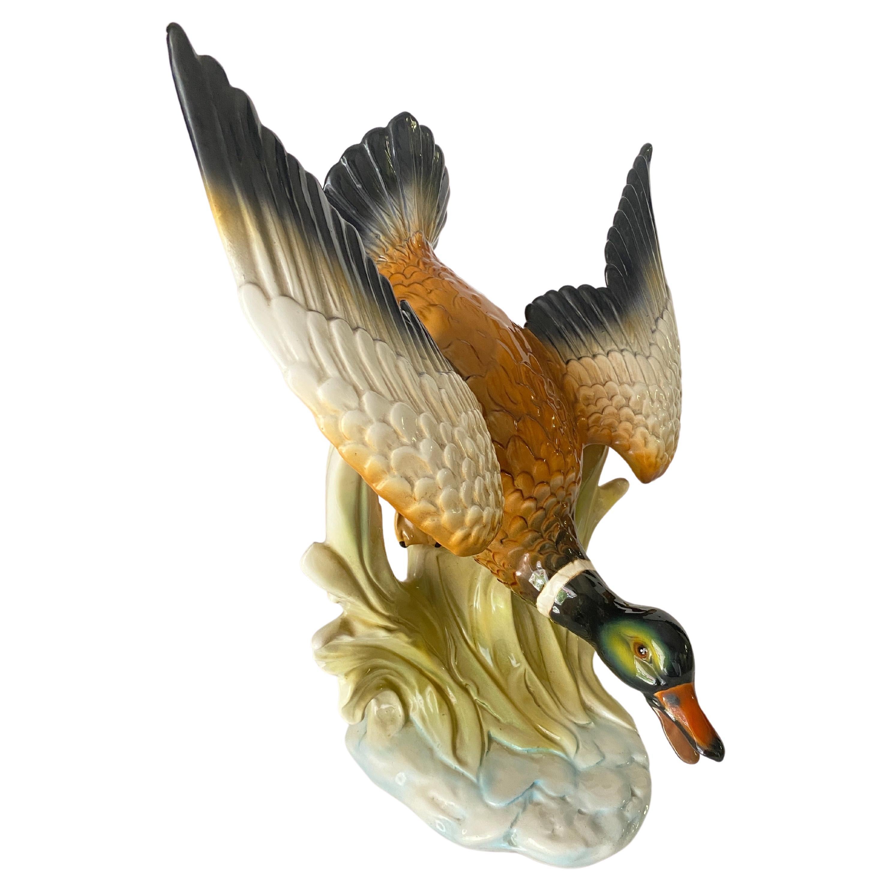 Large 20th Century Ceramic Flying Duck In the Style of  Delphin Massier Brown.. For Sale