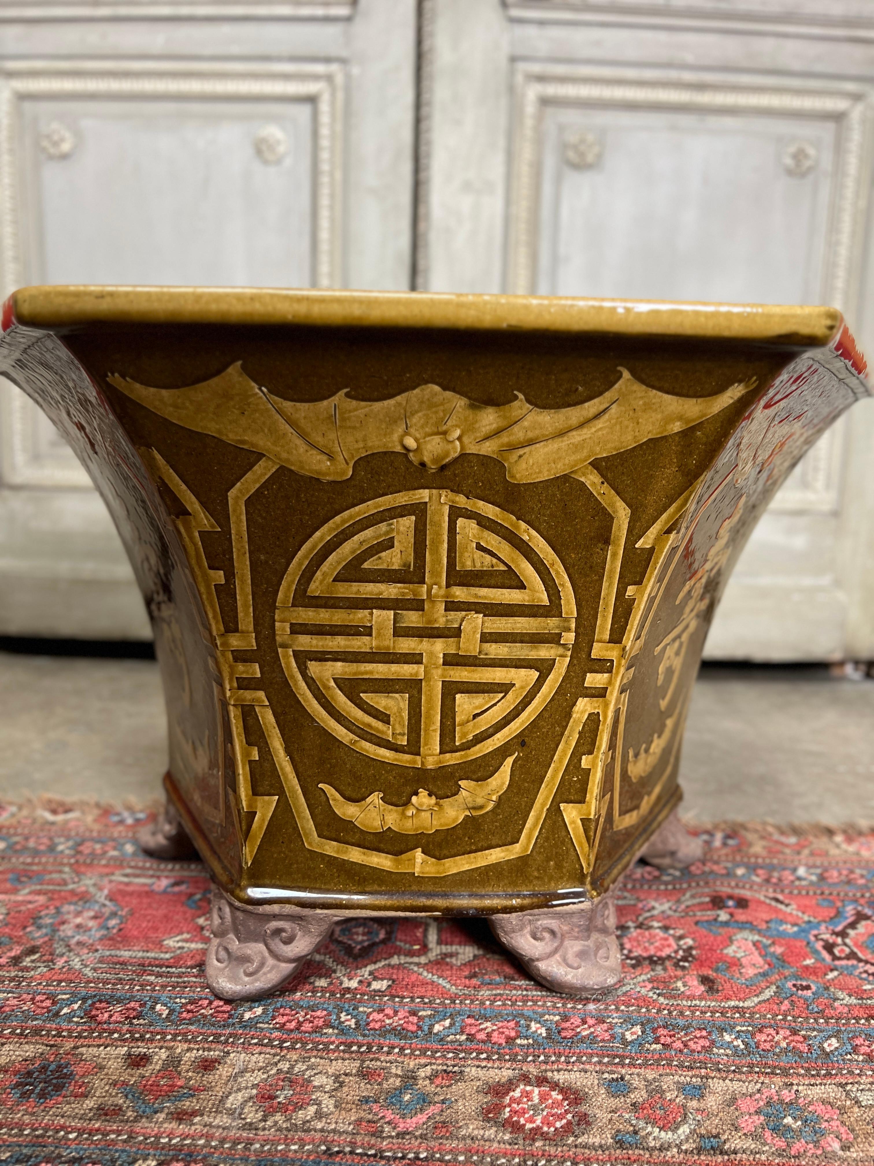 Chinese Export Large 20th Century Chinese Brown and Gold Glazed Earthenware Planter For Sale