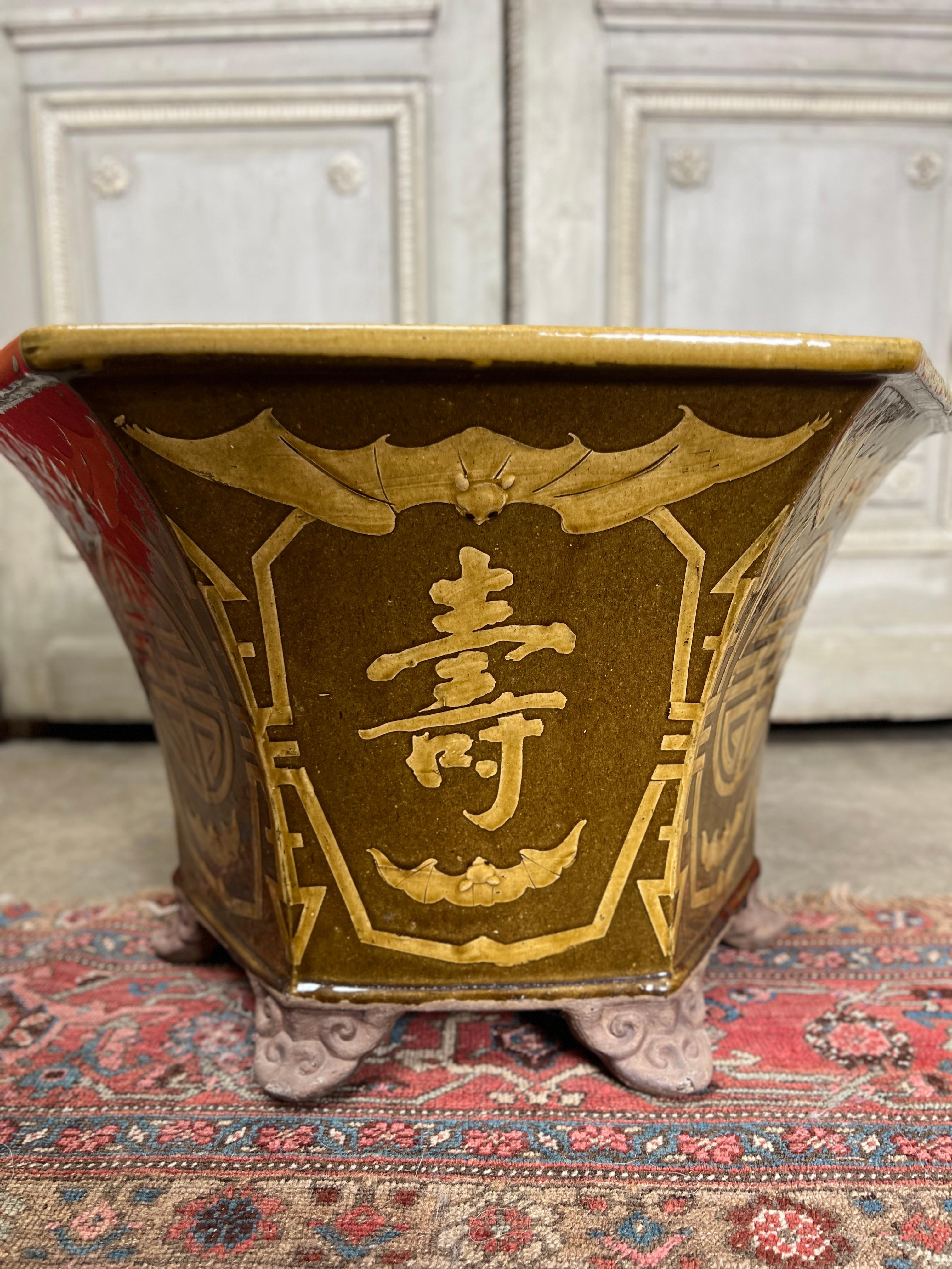 Etched Large 20th Century Chinese Brown and Gold Glazed Earthenware Planter For Sale