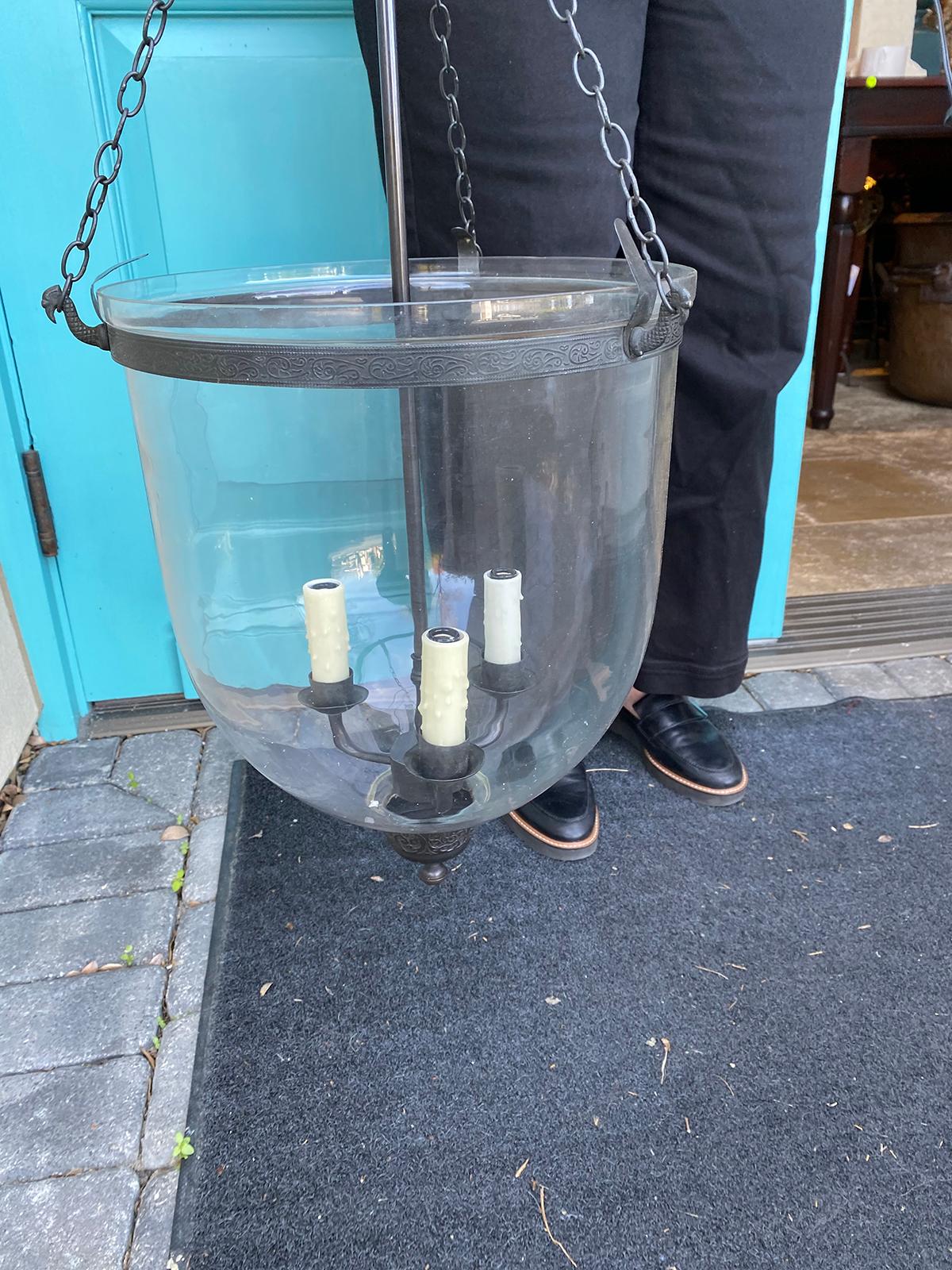 Large 20th Century Clear Bell Jar Three Light Lantern with Smoke Bell 6