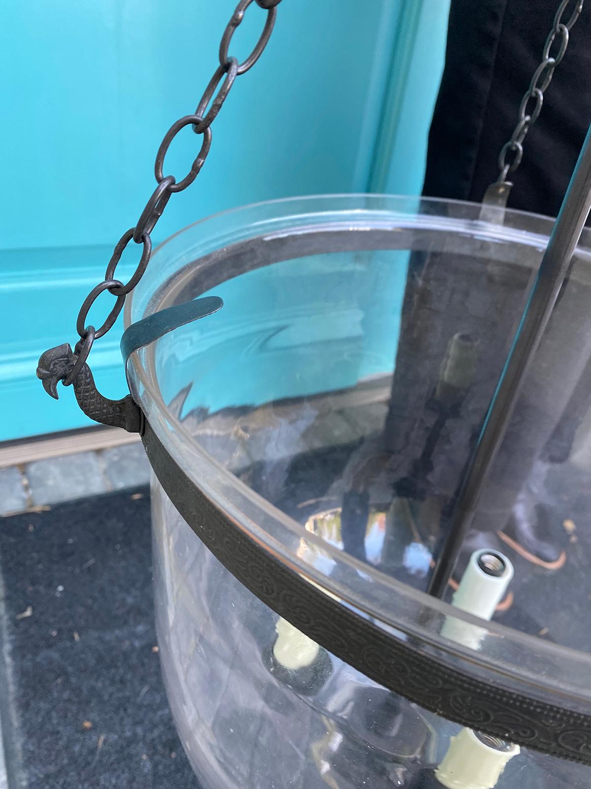 Large 20th Century Clear Bell Jar Three Light Lantern with Smoke Bell 7