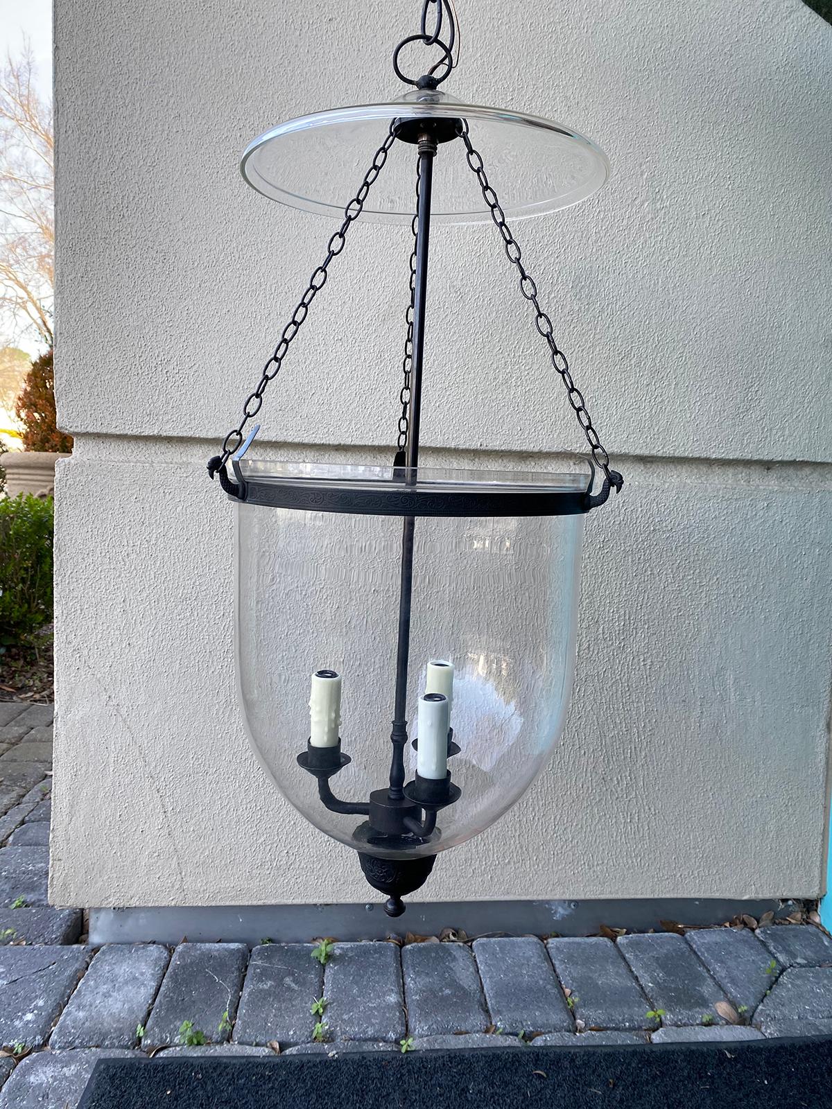 Large 20th century clear bell jar three light lantern with smoke bell
New wiring.