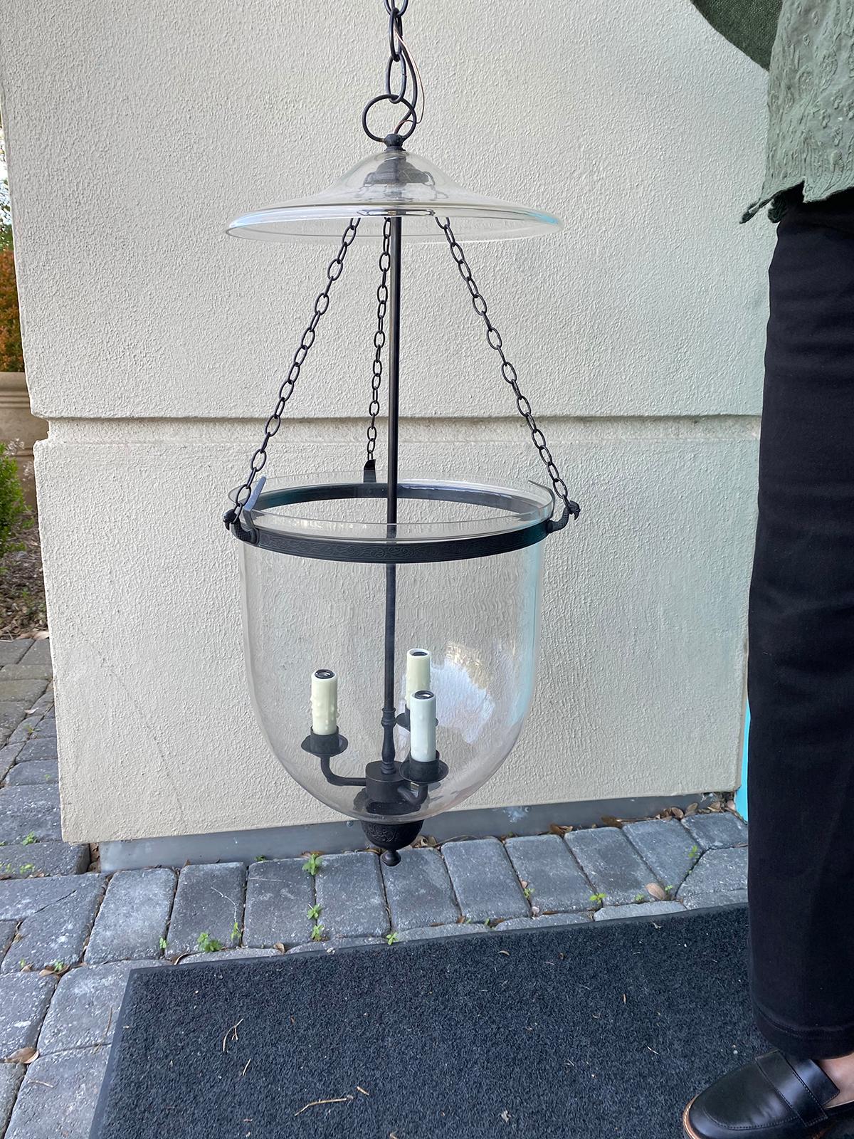 Large 20th Century Clear Bell Jar Three Light Lantern with Smoke Bell In Good Condition In Atlanta, GA