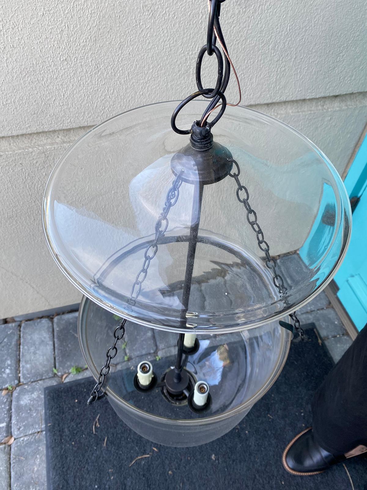 Large 20th Century Clear Bell Jar Three Light Lantern with Smoke Bell 1