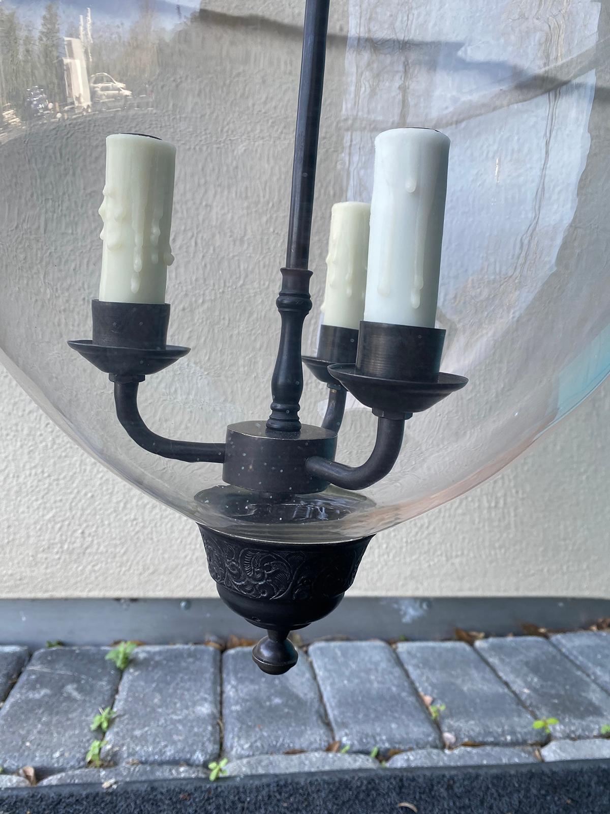 Large 20th Century Clear Bell Jar Three Light Lantern with Smoke Bell 3